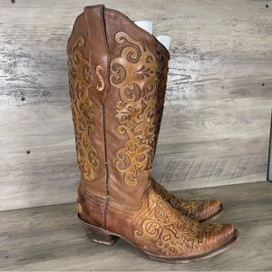Corral Women's 9.5 Brown Floral Cutout Crackle Underlay Cowgirl Boots Point Toe